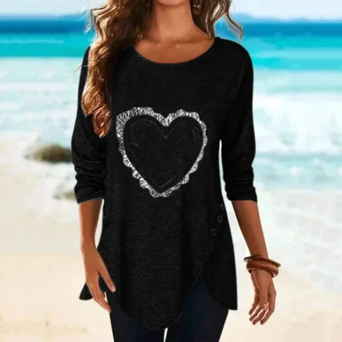 Irregular Long-Sleeved Button T-Shirt with Love Print