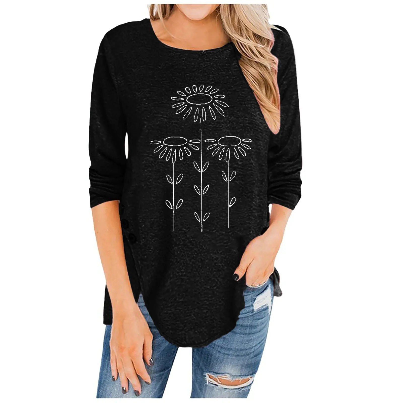 Irregular Long-Sleeved Button T-Shirt with Print