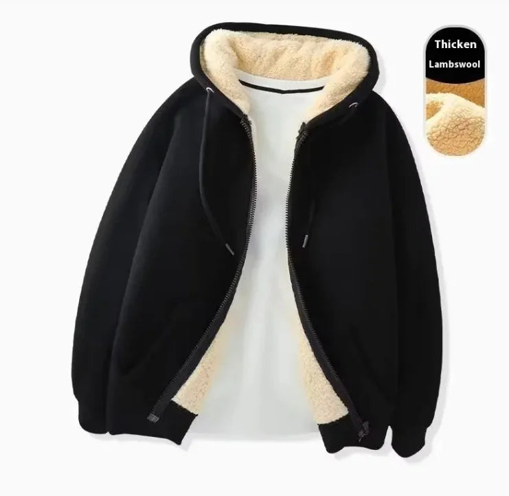 Men's Lamb Wool Lined Zipper Hoodie - Warm Winter Cardigan
