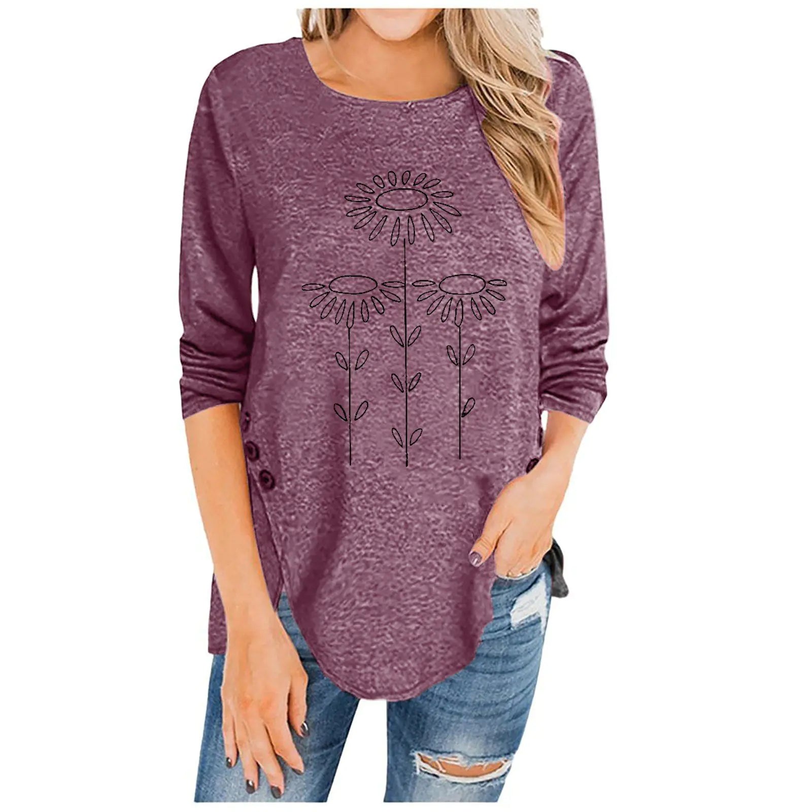 Irregular Long-Sleeved Button T-Shirt with Print