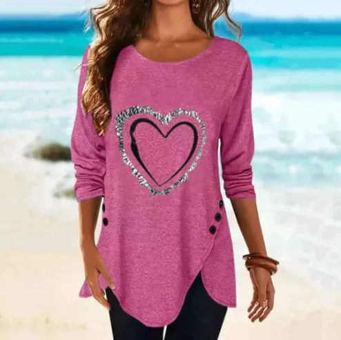 Irregular Long-Sleeved Button T-Shirt with Love Print