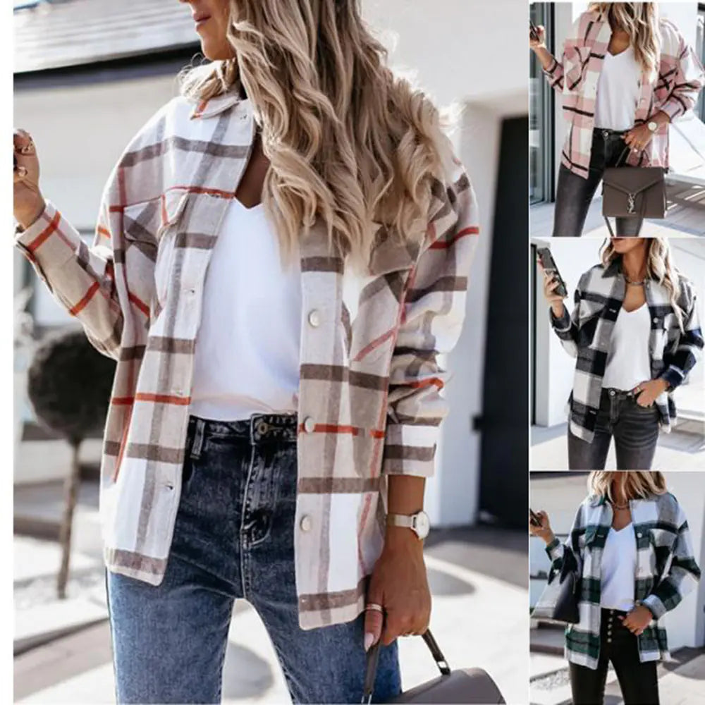 Women's Long Sleeve Plaid Shirt Jacket - Casual Button Down Overshirt