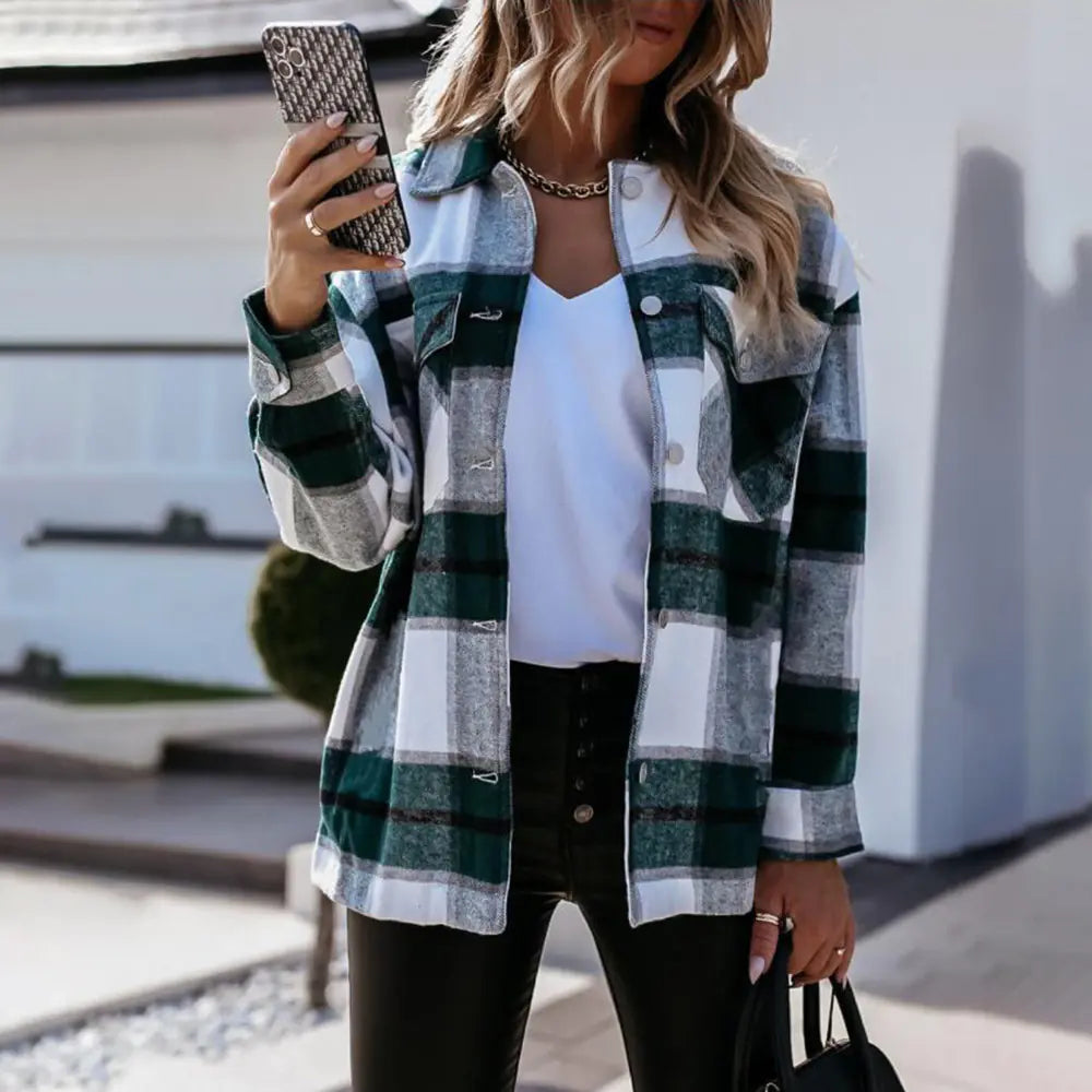 Women's Long Sleeve Plaid Shirt Jacket - Casual Button Down Overshirt