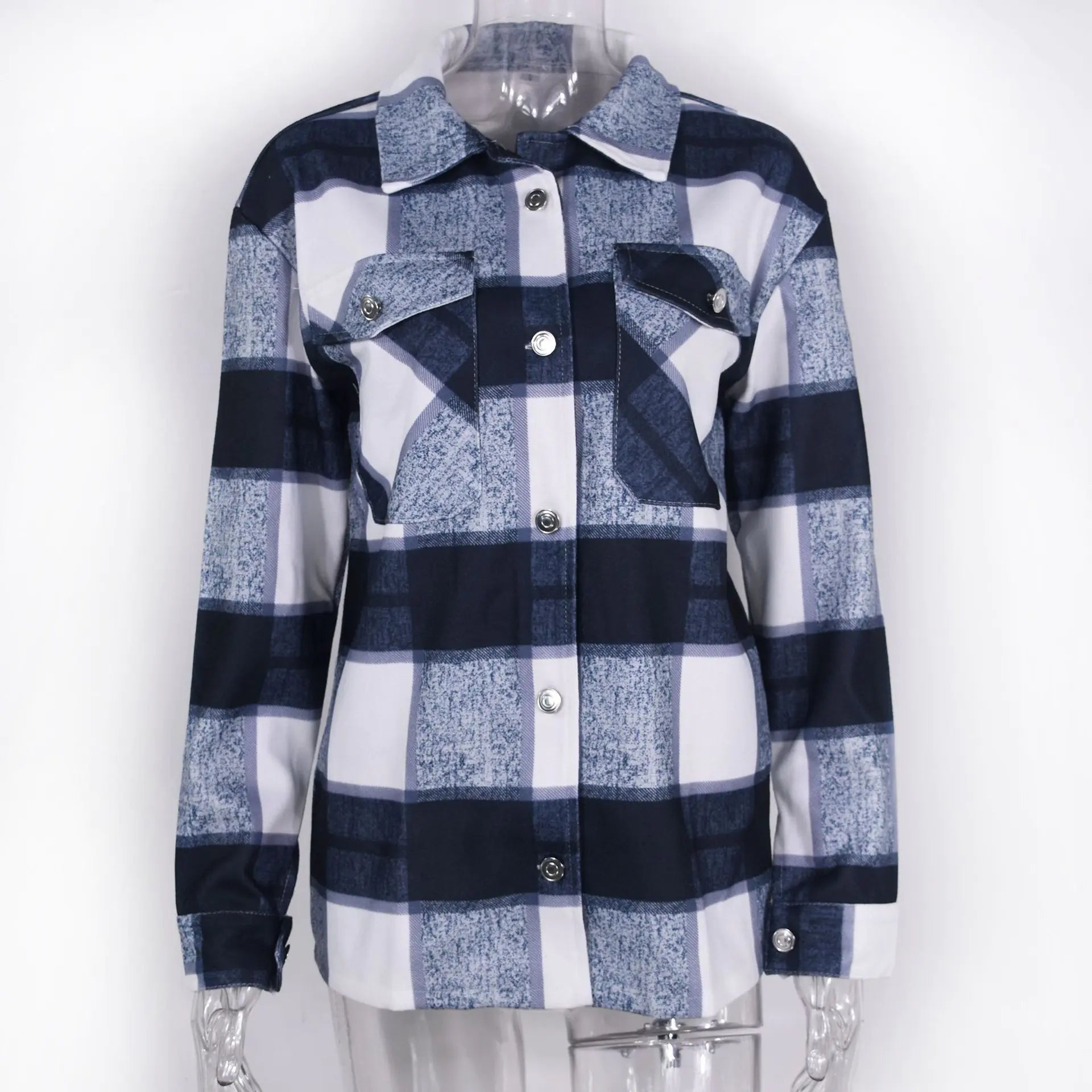 Women's Long Sleeve Plaid Shirt Jacket - Casual Button Down Overshirt