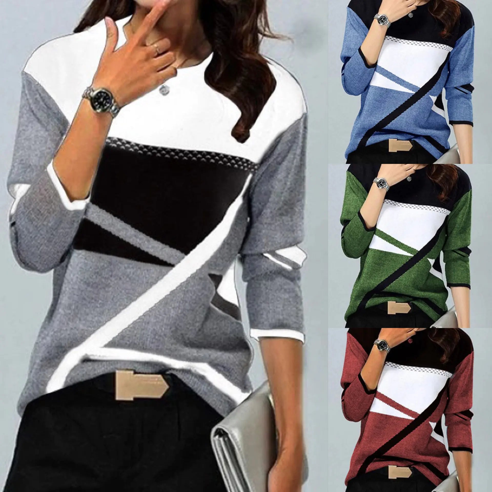 Round Neck Long-sleeved T-shirt with Color Contrast Print