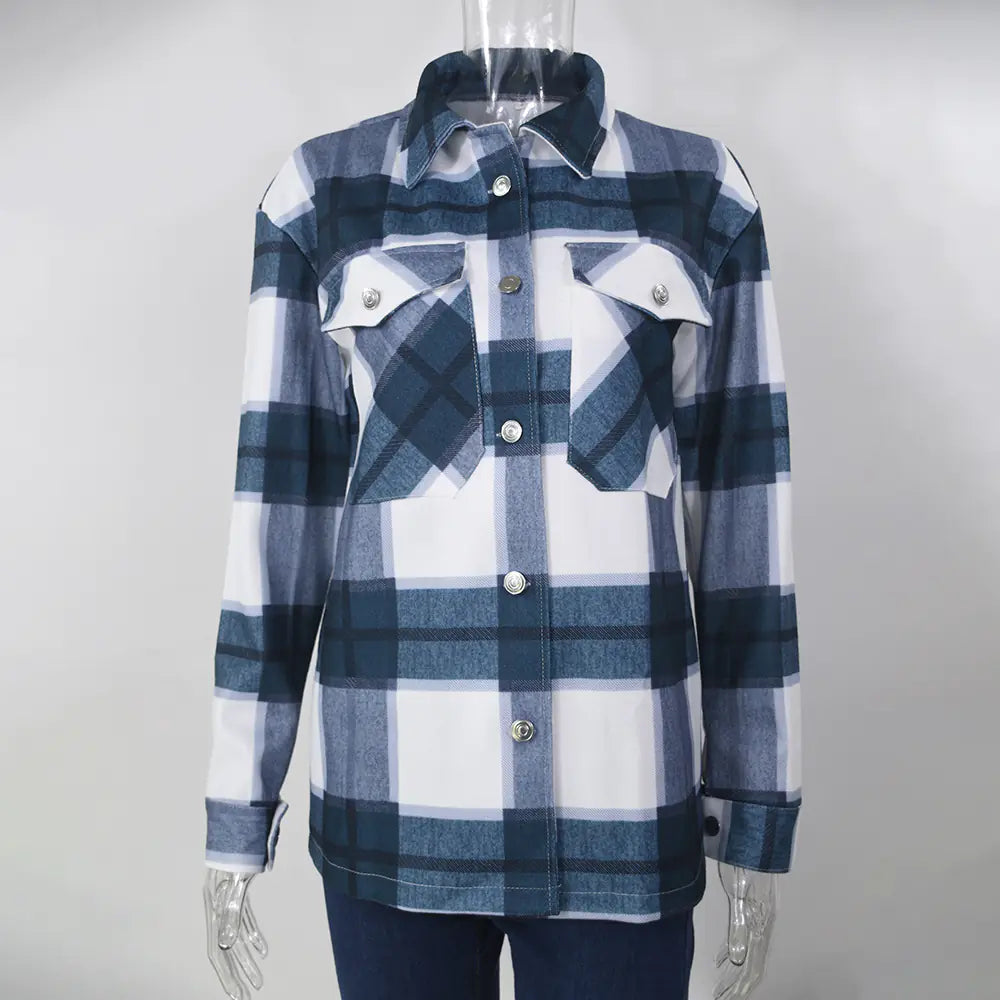 Women's Long Sleeve Plaid Shirt Jacket - Casual Button Down Overshirt