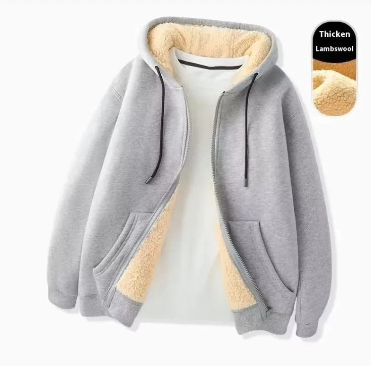 Men's Lamb Wool Lined Zipper Hoodie - Warm Winter Cardigan