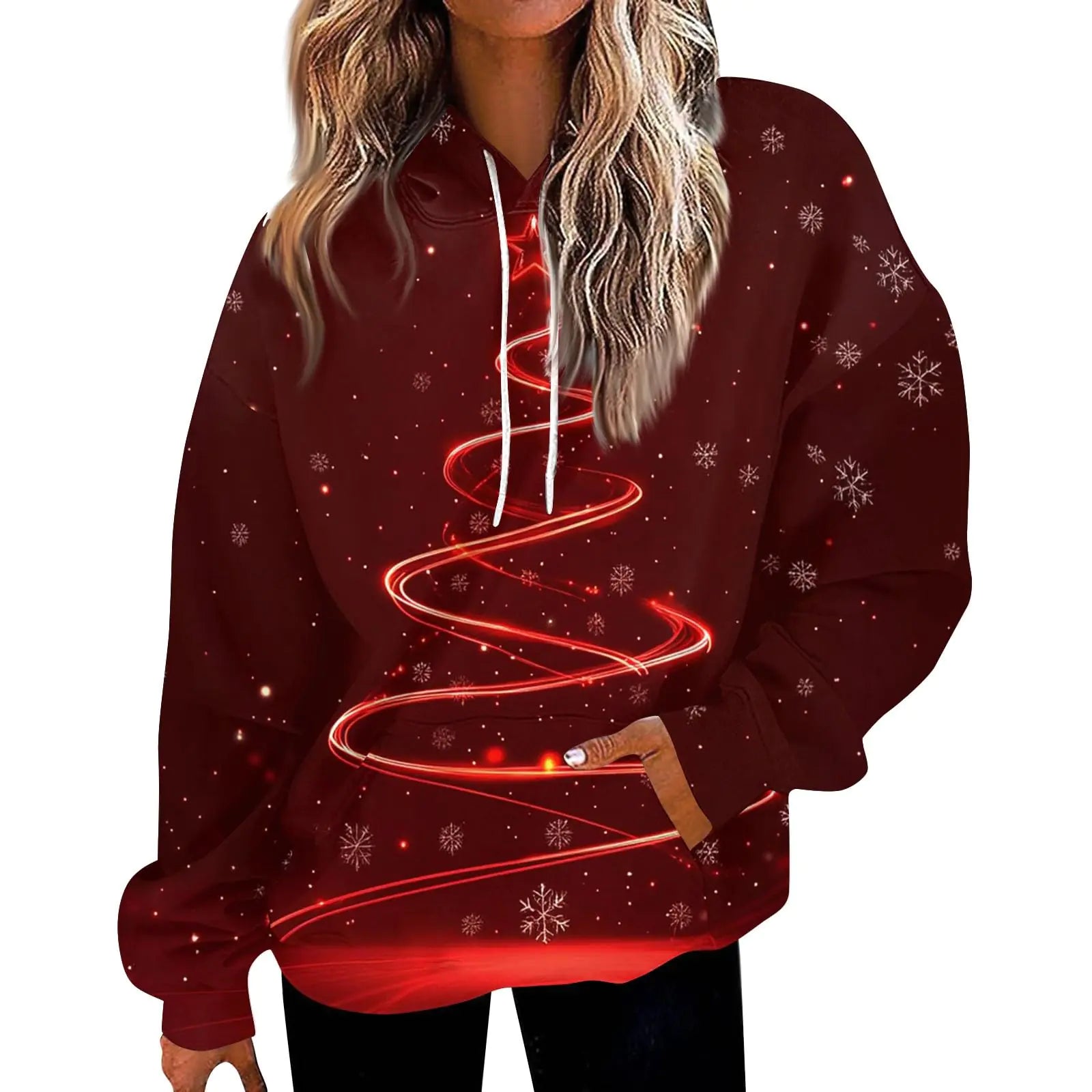 Women's Christmas Tree Graphic Oversized Hoodie - Red
