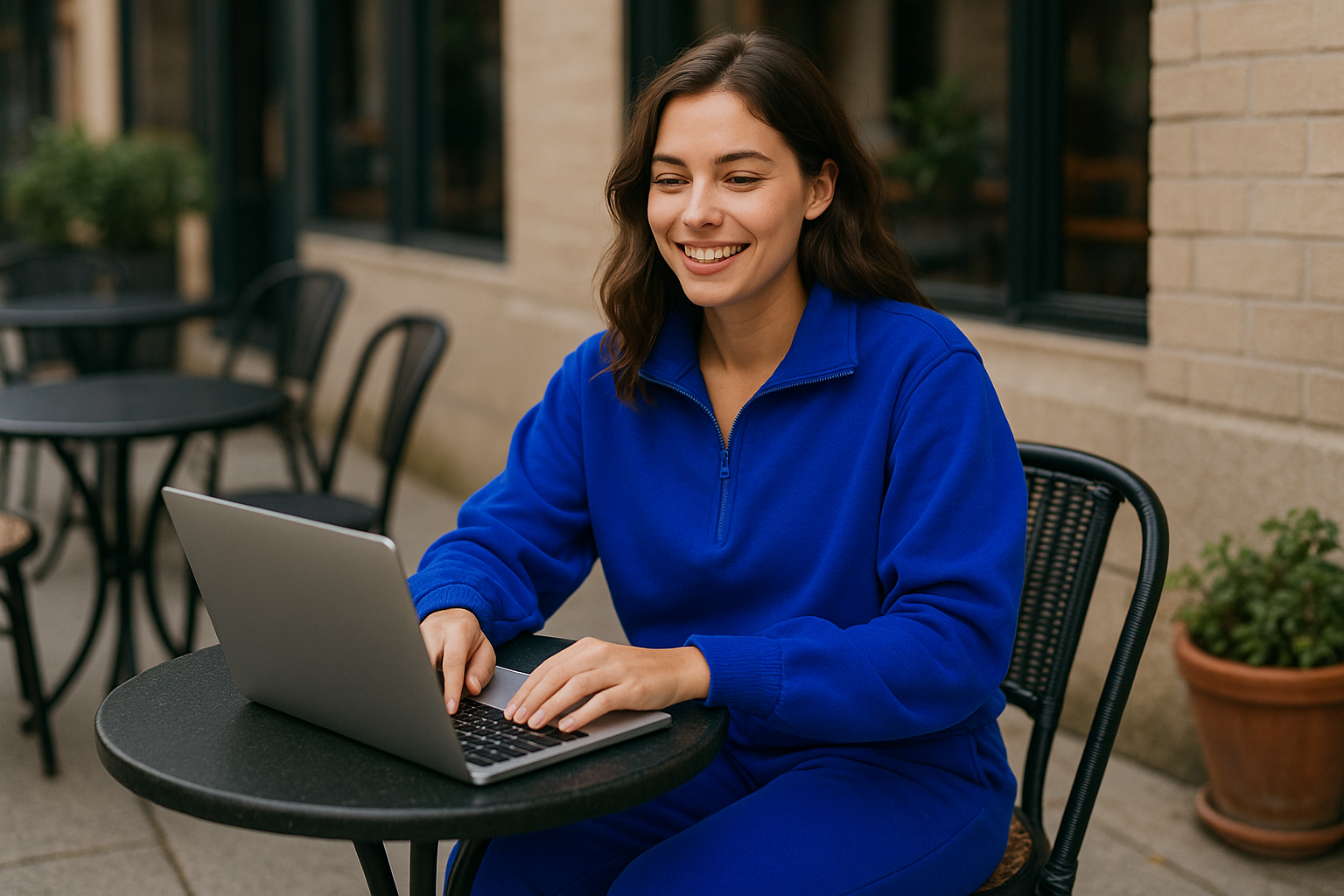 Woman in royal blue sports set at café
