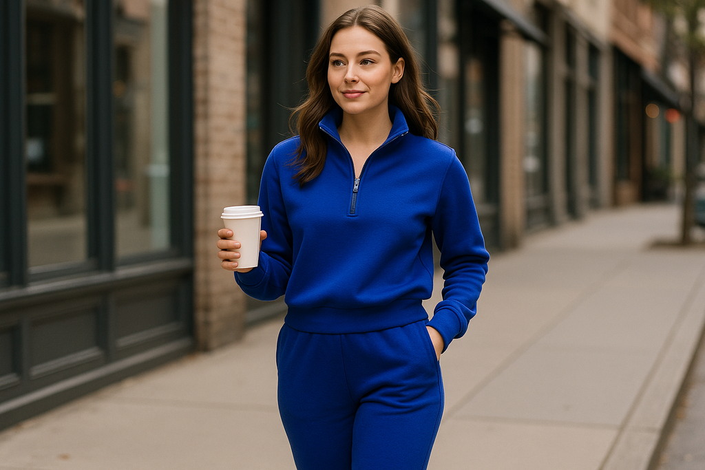Woman in royal blue sports set walking with coffee