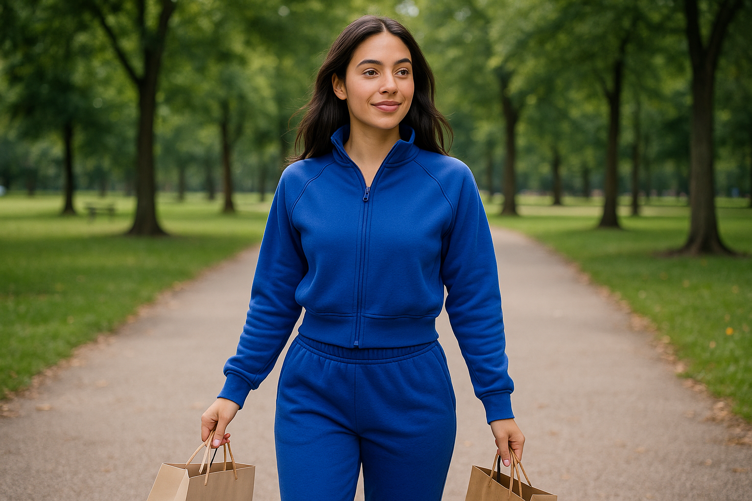 Woman in royal blue sports set shopping