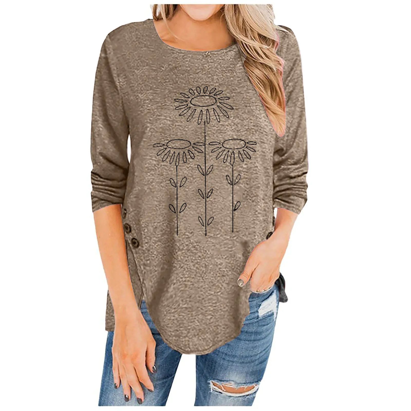 Irregular Long-Sleeved Button T-Shirt with Print