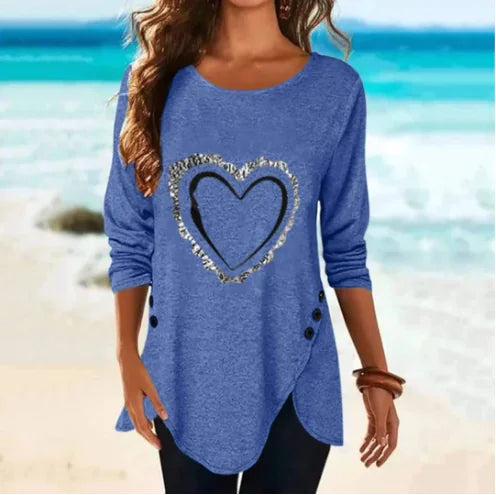 Irregular Long-Sleeved Button T-Shirt with Love Print