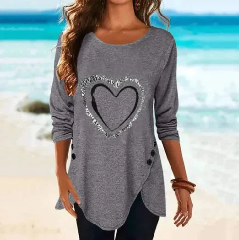 Irregular Long-Sleeved Button T-Shirt with Love Print