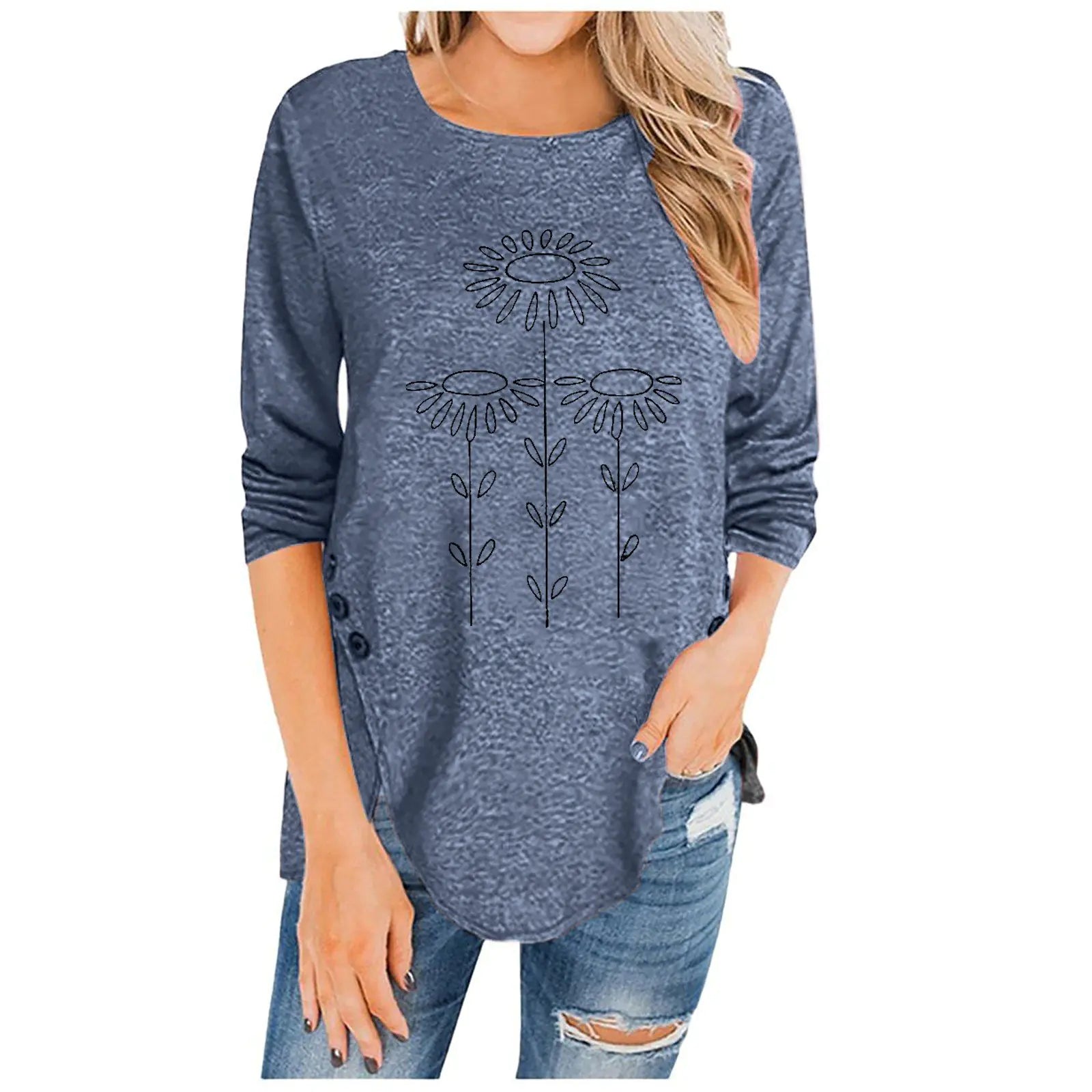Irregular Long-Sleeved Button T-Shirt with Print