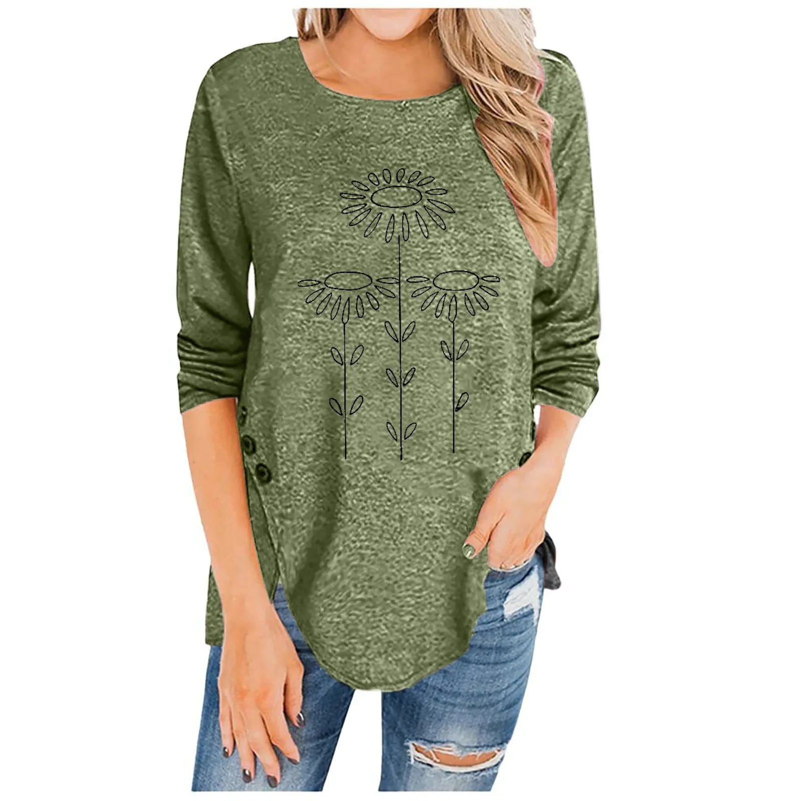 Irregular Long-Sleeved Button T-Shirt with Print
