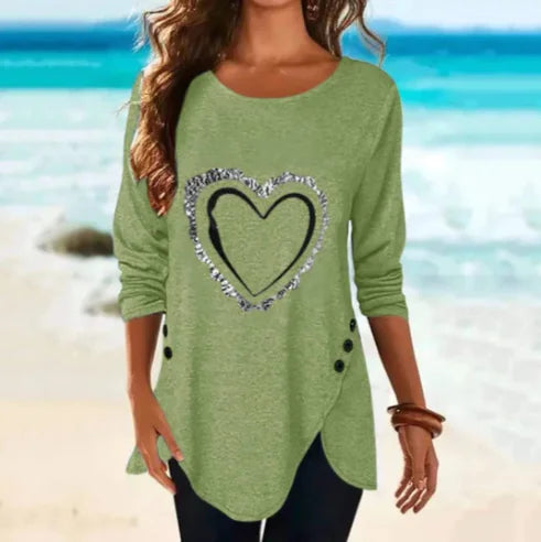 Irregular Long-Sleeved Button T-Shirt with Love Print